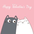 Happy Valentines Day. Gray white cat set. Love couple hugging kittens. Cute cartoon funny kitty character. Kawaii animal in love.