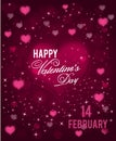 Happy Valentines Day greeting background with hearts and sparkels . Vector