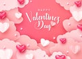 Happy valentines day greeting background in papercut realistic style. Paper clouds hearts and realistic pearls border