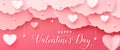 Happy valentines day greeting background in papercut realistic style. Paper hearts, clouds and pearls on string. Pink