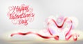 Happy Valentines Day Greeting Banner with Red Heart Shaped Ribbon