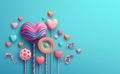 Happy Valentines Day greeting with candy, sweets, heart shaped lollipops. 3d realistic scene Cosmetic Products and