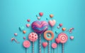 Happy Valentines Day greeting with candy, sweets, heart shaped lollipops. 3d realistic scene. Web Site Design, Landing