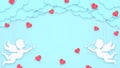 Happy valentines day greeting card background. Place for text. Holiday blue banner with clouds, cupids and hearts. Space for text Royalty Free Stock Photo