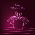 Happy Valentines day greeting card with couple of glowing low polygonal dancing flamingos.