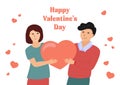 Happy Valentines Day greeting card. Couple in love. Smiling woman and happy man holding huge heart together. Sweethearts