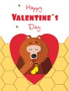Happy valentines day greeting card of cute bear eating honey in red heart Royalty Free Stock Photo