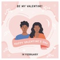 Happy Valentines Day greeting card. Cute diverse romantic couple with heart and decorative design. Trendy square Royalty Free Stock Photo