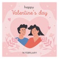 Happy Valentines Day greeting card. Cute romantic couple in heart and decorative design. Trendy abstract square Royalty Free Stock Photo