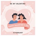 Happy Valentines Day greeting card. Cute romantic couple in heart and decorative design. Trendy abstract square Royalty Free Stock Photo