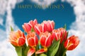 Happy Valentines Day greeting card. Decorative bouquet of tulips over blurred blue sky in shape of a heart. Concept of holidays,