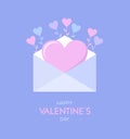 Happy Valentines day greeting card. Envelope with big heart inside and hearts on stems around on a purple background