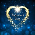 Happy valentines day greeting card. February 14. Golden heart. Blue bokeh valentine background. Gold frame. Golden frame. Copy