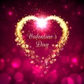 Happy valentines day greeting card. Golden heart. Bokeh valentine background. Gold particle frame. Sparkling golden heart copy Royalty Free Stock Photo