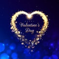 Happy valentines day greeting card. Golden heart. Holiday banner. Bokeh valentine background. Gold particle frame. Sparkling heart Royalty Free Stock Photo