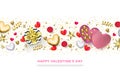 Happy Valentines day greeting card of heart gifts, golden glitter confetti and pink flowers pattern. Vector Valentine holiday glit Royalty Free Stock Photo