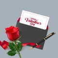 Happy Valentines Day. Greeting card with realistic of red rose, Typography design for print cards, banner, poster. Vector Eps.10