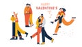 Happy Valentines Day greeting card. Set of cute embracing people. Collection of in love cuddling couple, partner