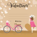 Happy valentines day greeting card typography text with woman and bicycle Royalty Free Stock Photo