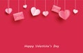 Happy valentines day greeting cards with paper hearts hanging on red pastel background