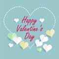 Happy valentines day greetings card design with stitched white heart shape and green and yellow paper cut hearts with Royalty Free Stock Photo