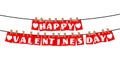 Happy Valentines Day Greetings on red Tags Hanging with woods clamp on a black Line with heart shape on white background. Royalty Free Stock Photo