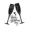 Happy Valentines Day handwritten calligraphic text and black silhouette of two sparkling glasses of champagne