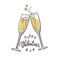 Happy Valentines Day handwritten calligraphic text with two red hearts and two sparkling glasses of champagne