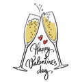 Happy Valentines Day handwritten calligraphic text with two red hearts and two sparkling glasses of champagne