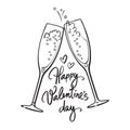 Happy Valentines Day handwritten calligraphic text with two sparkling glasses of champagne retro style illustration Royalty Free Stock Photo