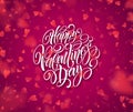 Happy valentines day handwritten text on blurred heart background. Vector illustration