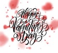 Happy valentines day handwritten text on blurred heart background. Vector illustration