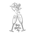 Happy Valentines Day handwritten text, sketch of cute Cupid aiming bow and arrow and two glasses of champagne Royalty Free Stock Photo