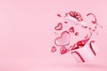 Happy valentines day heart shaped decoration Surprise opening Gift box on pink pedestal background