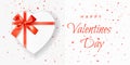 Happy Valentines Day! Heart shaped white Gift Box tied with Red Ribbons with a Bow on white background with Heart Shaped Confetti Royalty Free Stock Photo