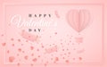Happy valentines day invitation card template with origami paper hot air balloon in heart shape, paper letter, white clouds and Royalty Free Stock Photo