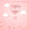 Happy valentines day invitation card template with origami paper hot air balloon in heart shape, white clouds and confetti. Pink b Royalty Free Stock Photo