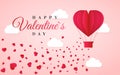 Happy valentines day invitation card template with red origami paper hot air balloon in heart shape, white clouds and confetti. Pi Royalty Free Stock Photo