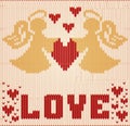 Happy Valentines day knitted card, Two angels and heart, vector