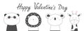 Happy Valentines Day. Koala Panda bear Lion Giraffe face head sketch line icon set. Kawaii animal. Scandinavian style. Cute