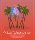 Happy valentines day lettering on banner, palm trees, love in nature, summer tropical beach, cartoon style vector