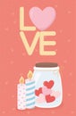 Happy valentines day lettering jar hearts candles Royalty Free Stock Photo