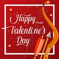 Happy Valentines Day lettering text with golden bow and arrow . Royalty Free Stock Photo