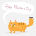 Happy Valentines Day. Love card. Cute cartoon red cat with mouse Talk think bubble Card. Kids background Flat design Royalty Free Stock Photo