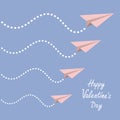 Happy Valentines Day. Love card. Four origami paper plane set. Dash line in the sky. Flat design. Serenity, pink rose