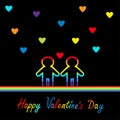 Happy Valentines Day. Love card. Gay marriage Pride symbol Two contour rainbow line man LGBT icon. Hearts. Flat design