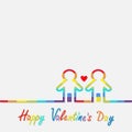 Happy Valentines Day. Love card. Gay marriage Pride symbol Two contour rainbow line man LGBT icon Red heart Flat design Royalty Free Stock Photo