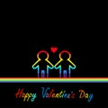 Happy Valentines Day. Love card. Gay marriage Pride symbol Two contour rainbow line man LGBT icon Red heart Flat design