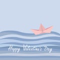 Happy Valentines Day. Love card. Origami paper boat and ocean sea waves. Flat design Rose quartz serenity color background Royalty Free Stock Photo