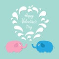 Happy Valentines Day. Love card. Pink and blue elephants with heart fountain Flat design